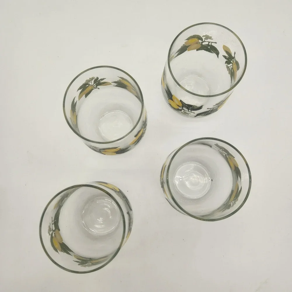 Set of 4 Lemon Citrus Print Stemless Wine Glasses Tumblers Clear‎ Yellow Green